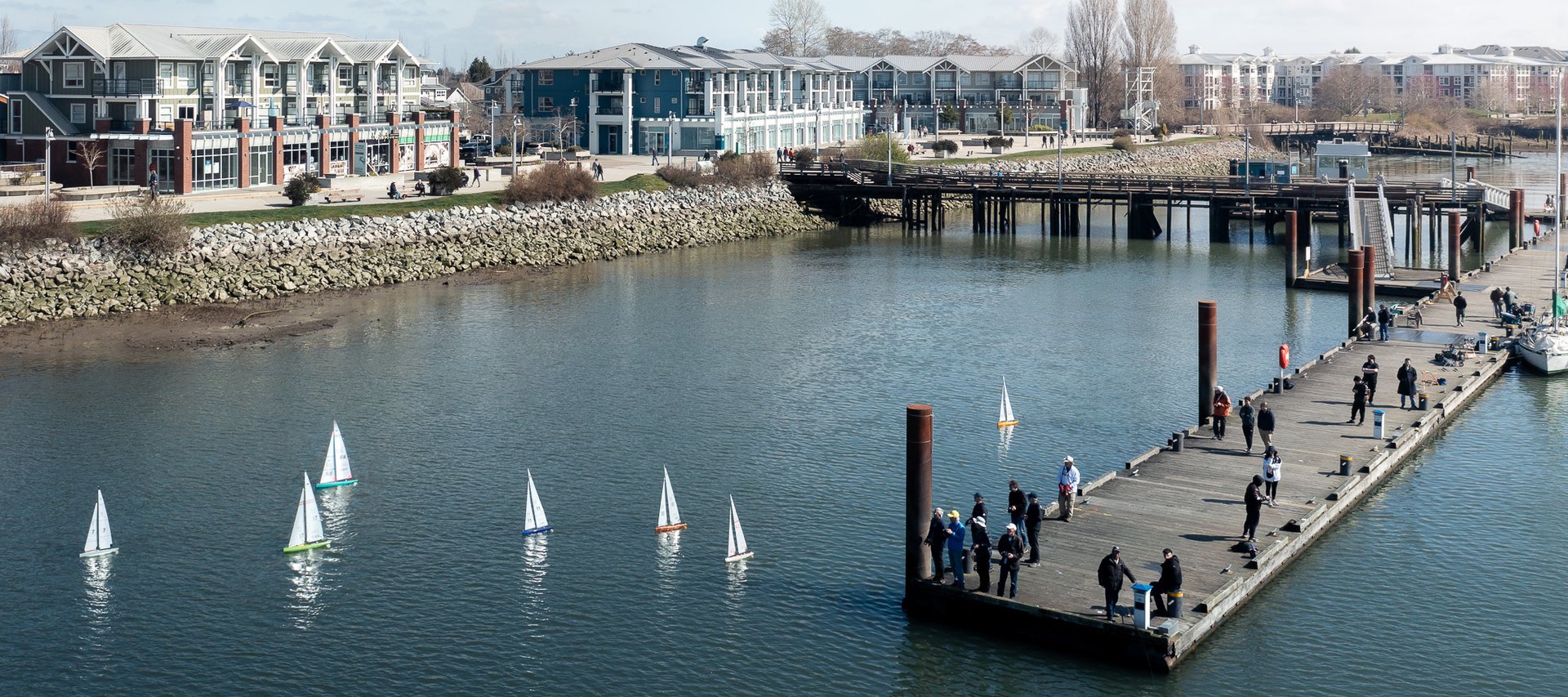 exterior drone photo of steveston waterfront hotel