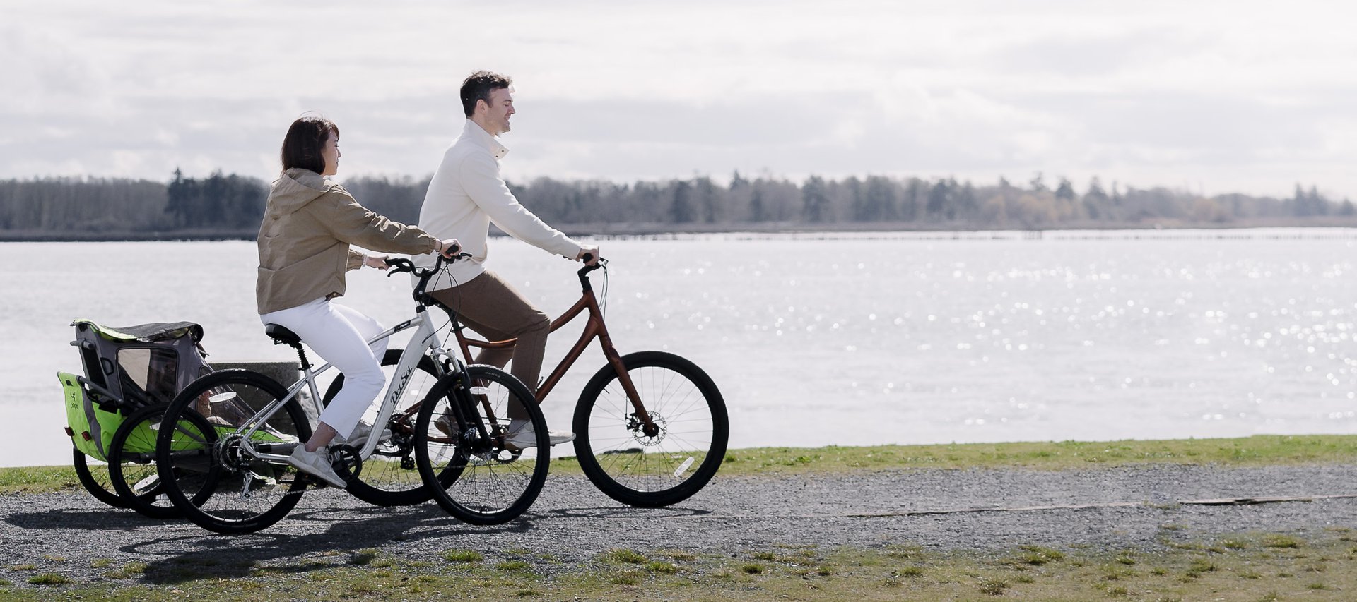 young family biking around Steveston